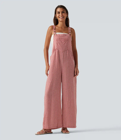 Plaid Casual Linen-Feel Overalls with Pockets
