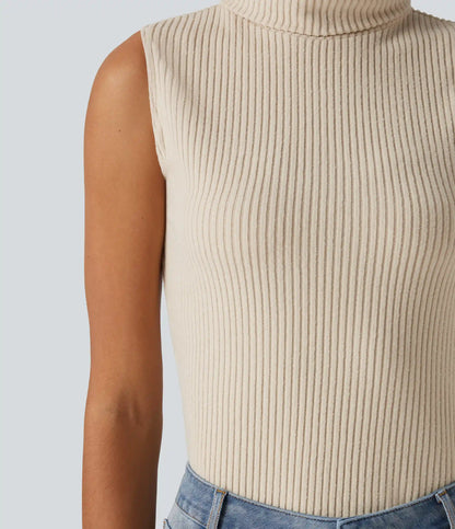 Ribbed Knit High Neck Casual Tank Top