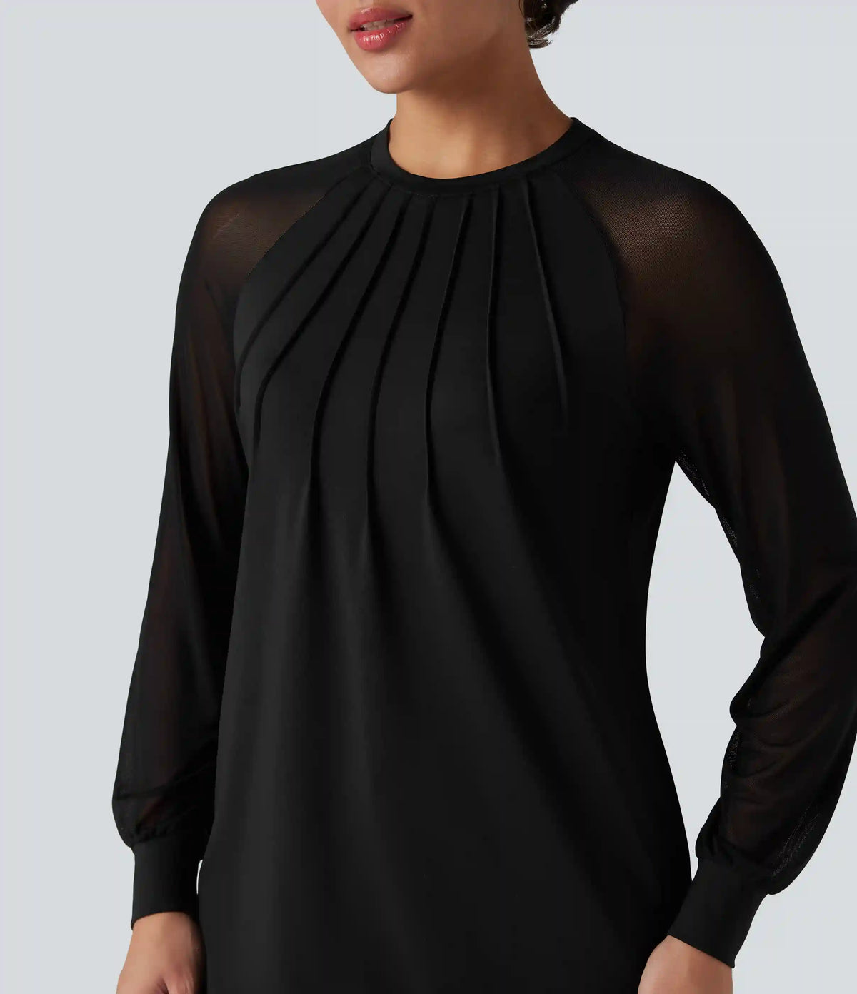 Round Neck Raglan Long Sleeve Contrast Mesh Casual Blouse