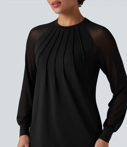 Round Neck Raglan Long Sleeve Contrast Mesh Casual Blouse