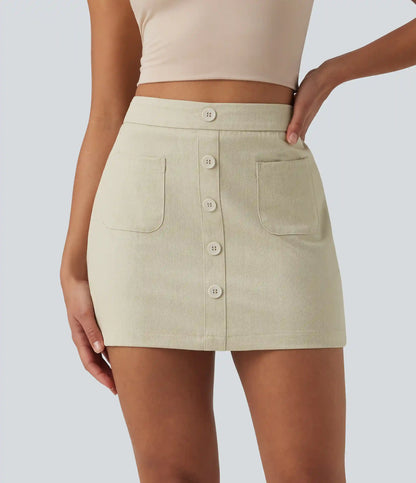 High Waisted Invisible Zipper 2-in-1 Denim Like Bodycon Mini Casual Skirt with Pockets