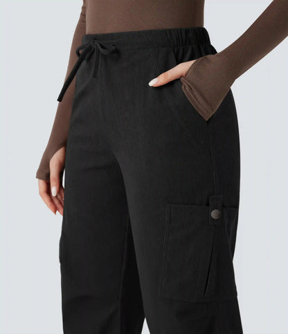 Mid Rise Drawstring Corduroy Casual Straight Leg Cargo Pants with Pockets