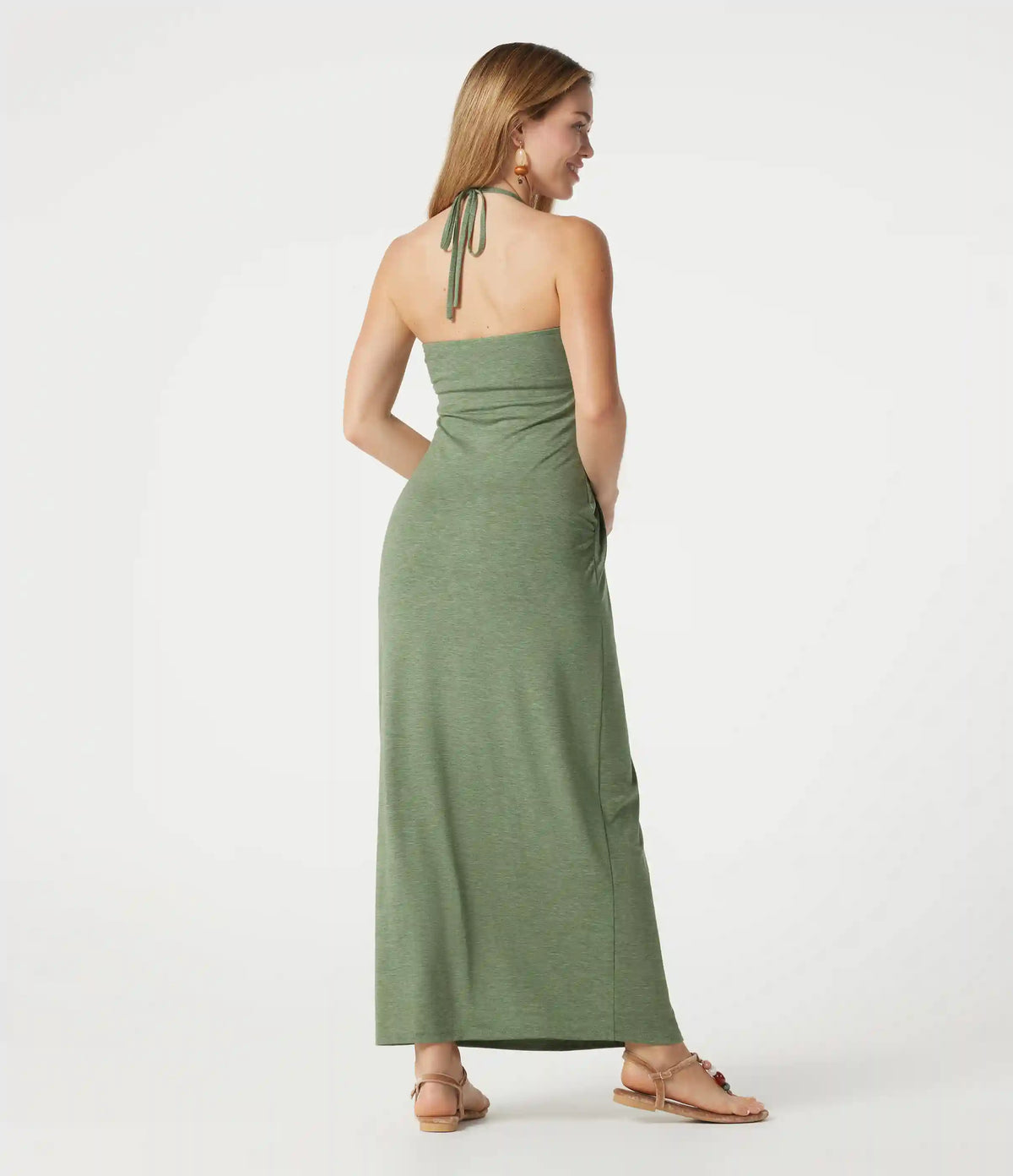 Halter Tie Back Built-in Bra Heathered Maxi Dress with Pockets