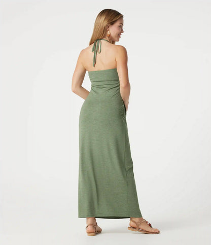 Halter Tie Back Built-in Bra Heathered Maxi Dress with Pockets