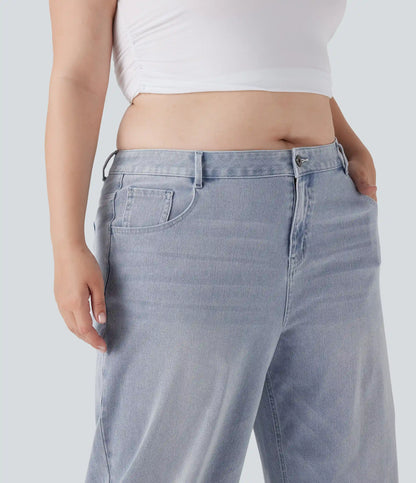 Plus Size Halara Flex™ Low Rise Wide Leg Washed Casual Jeans with Pockets