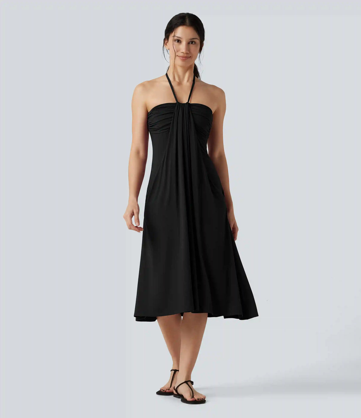 Halter Tie Back A-Line Midi Dress with Pockets