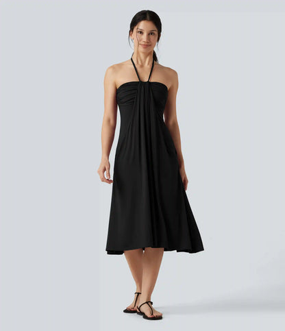 Halter Tie Back A-Line Midi Dress with Pockets