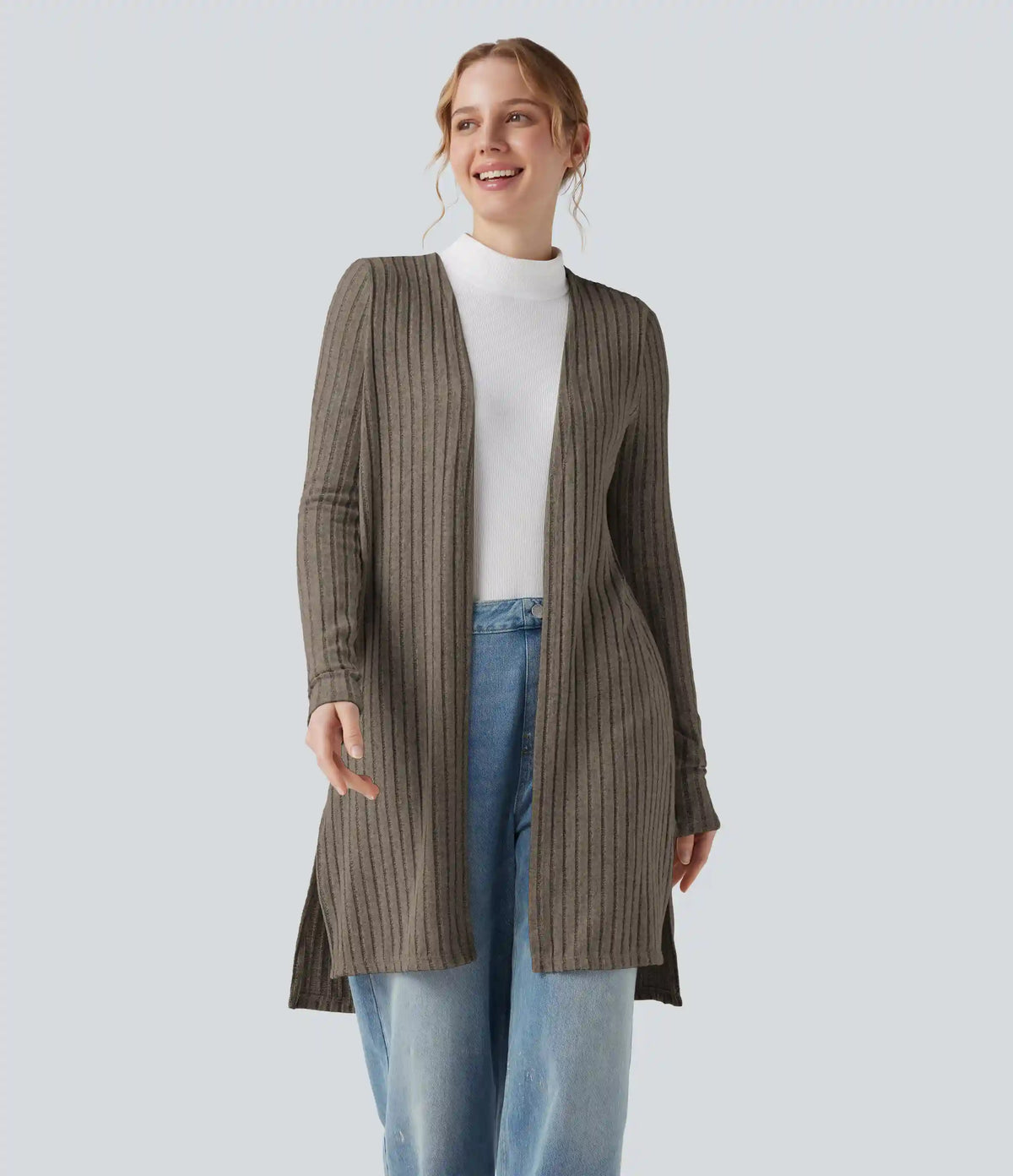 Ribbed Knit Long Sleeve Split Casual Cardigan