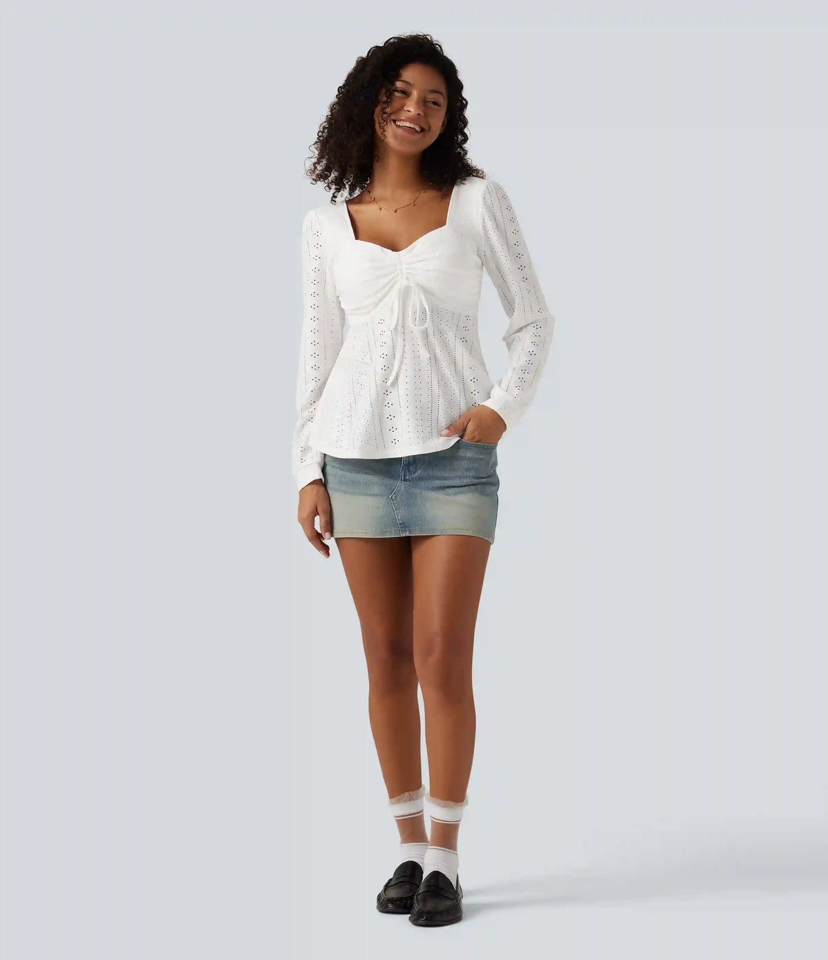 Sweetheart Neck Long Sleeve Lace Up Built-in Bra Eyelet Casual Top