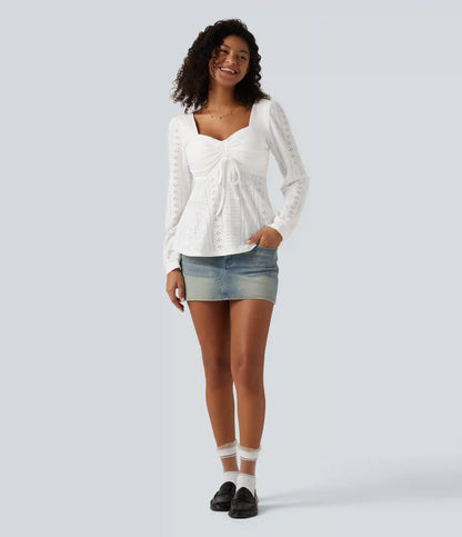 Sweetheart Neck Long Sleeve Lace Up Built-in Bra Eyelet Casual Top