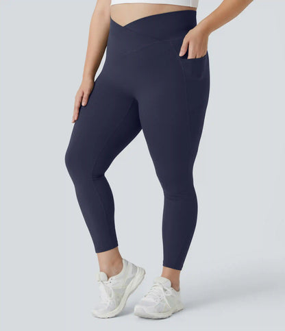 SoftlyZero™ High Waisted Crossover Pocket Plain Plus Size Full Length Leggings