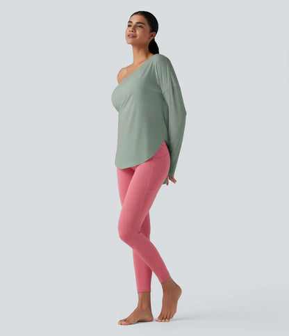 One Shoulder Long Sleeve Thumb Hole Curved Hem High Low Quick Dry Yoga Sports Top-Built-in Bra