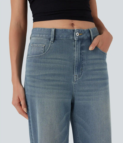 Halara Flex™ High Waisted Pockets Rolled Hem Wide Leg Washed Casual Jeans