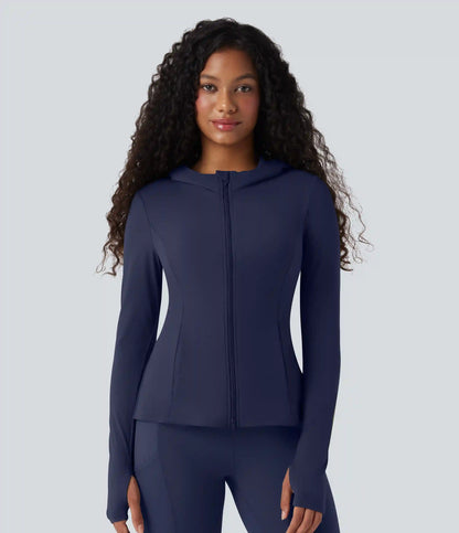 SoftlyZero™ Hooded Long Sleeve Thumb Hole Pleated Jacket with Pockets