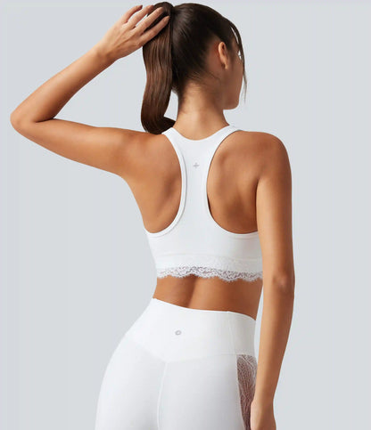 Halara UltraSculpt™ Low Support V Neck Built-in Bra Racerback Contrast Lace Workout Sports Bra