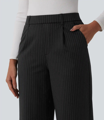 High Waisted Straight Leg Stripe Work Pants with Pockets