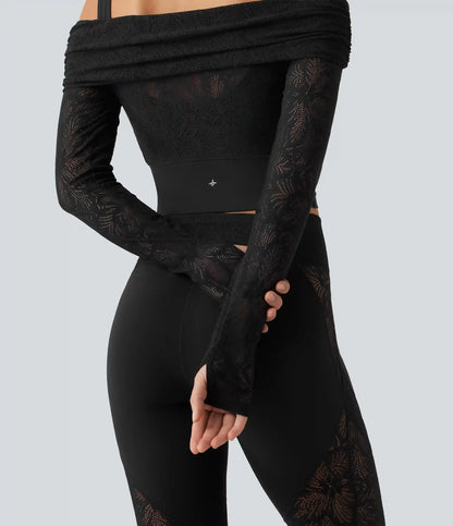 SoftlyZero™ Off Shoulder Long Sleeve Contrast Lace Yoga Sports Top with Built-in Bra