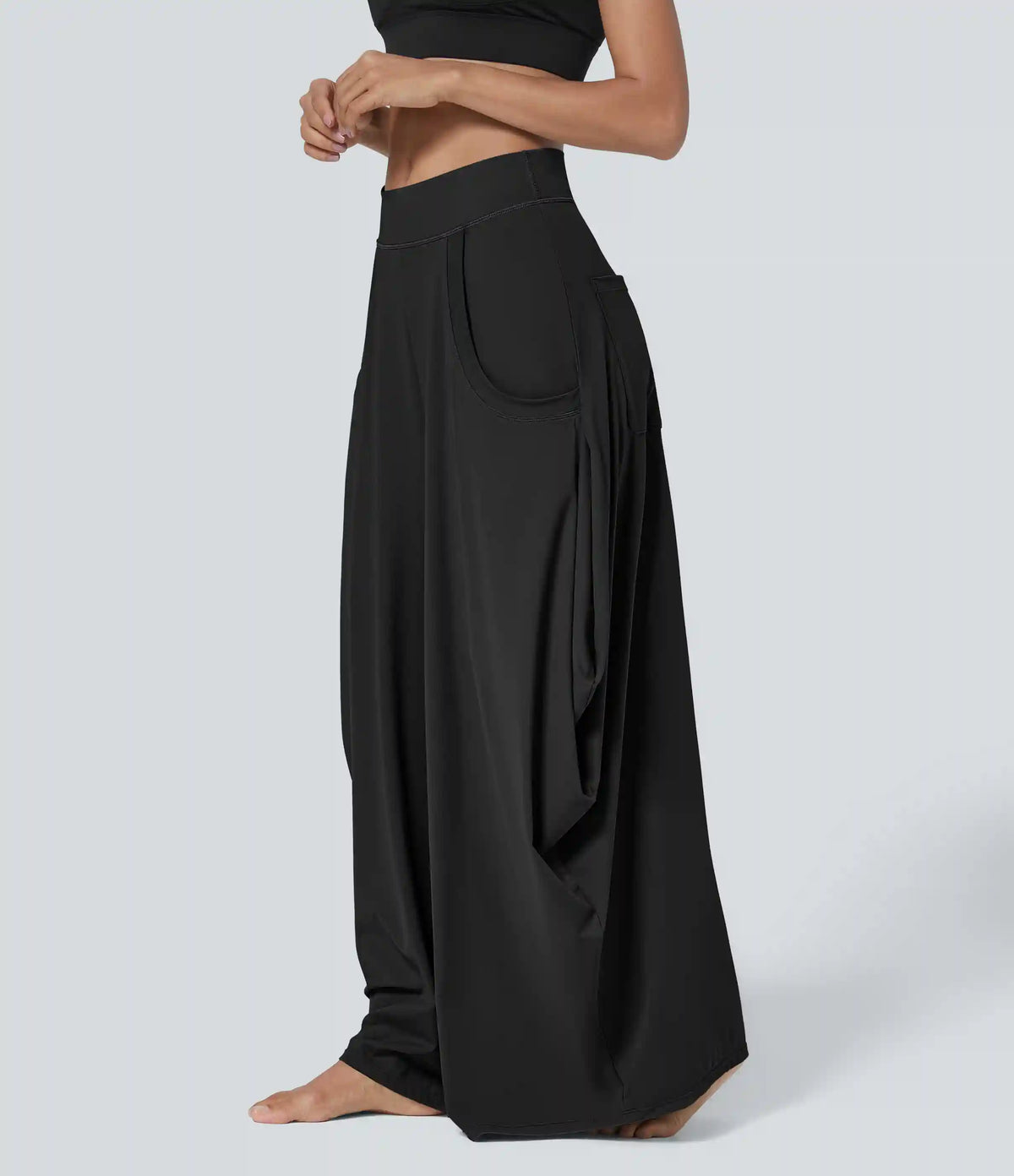 Mid Rise Pockets Draped Wide Leg Baggy Casual Pants