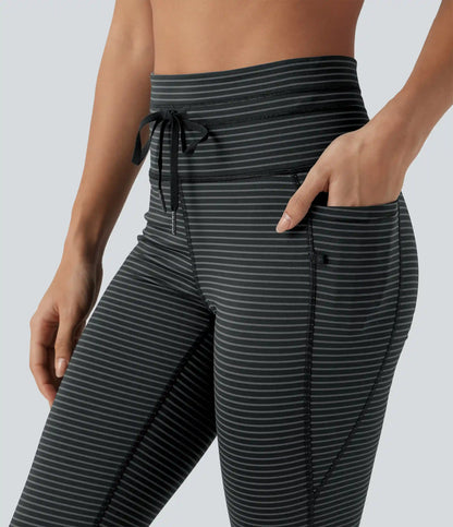 High Waisted Drawstring Stripe Pedal Pusher Yoga Leggings with Pockets
