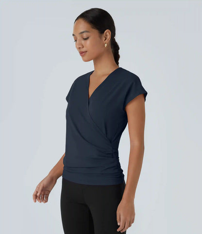 V Neck Cap Sleeve Crossover Ruched Solid Work Blouse
