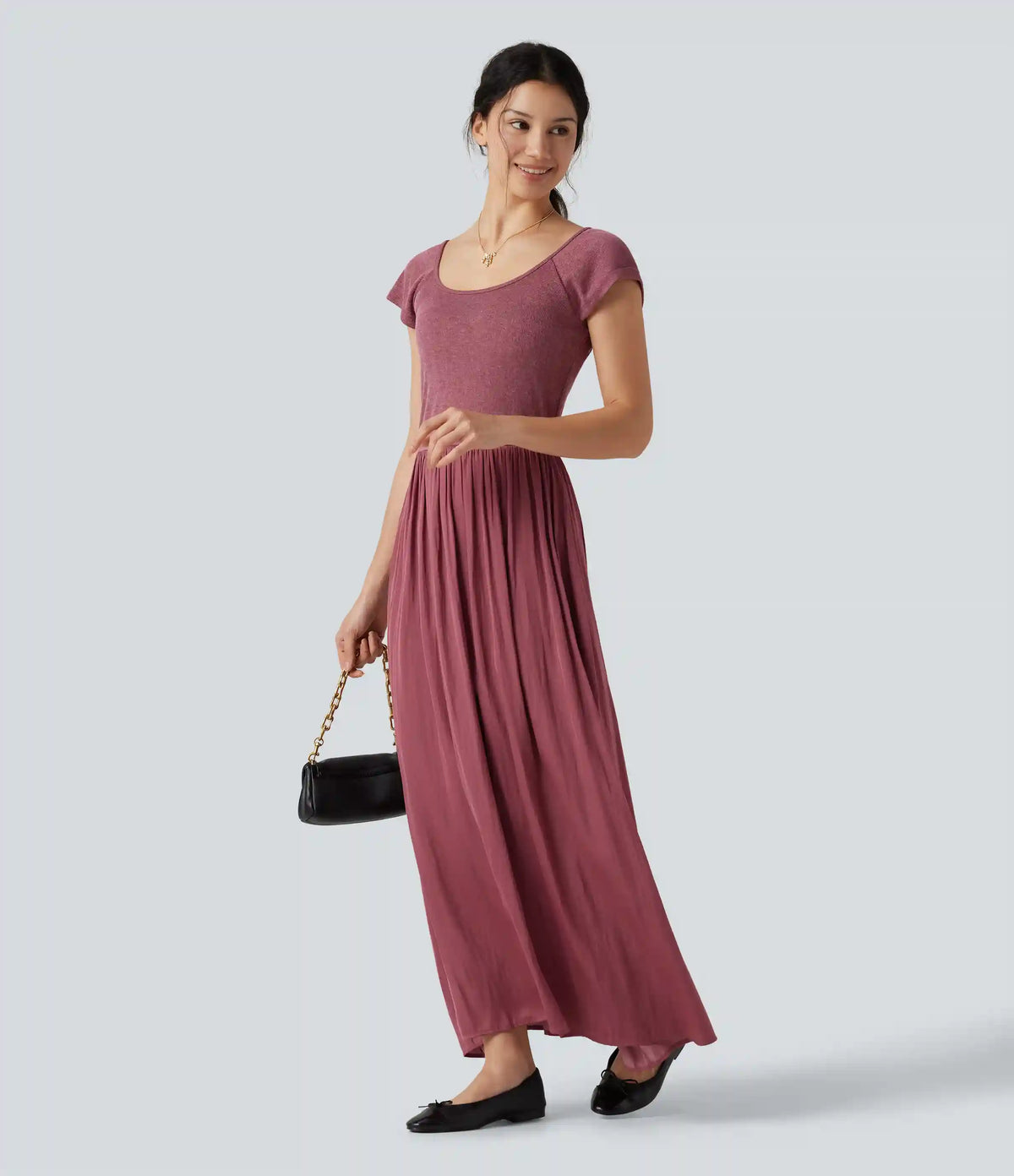 U Neck Short Sleeve Flowy Maxi Casual Dress