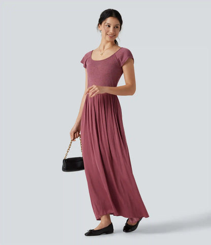 U Neck Short Sleeve Flowy Maxi Casual Dress
