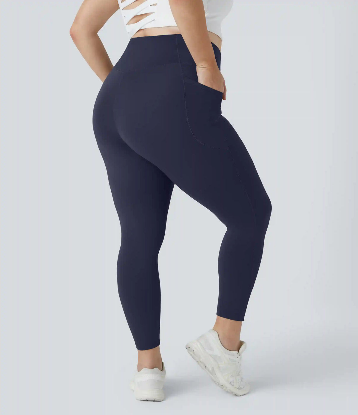 SoftlyZero™ High Waisted Crossover Pocket Plain Plus Size Full Length Leggings