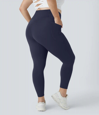 SoftlyZero™ High Waisted Crossover Pocket Plain Plus Size Full Length Leggings