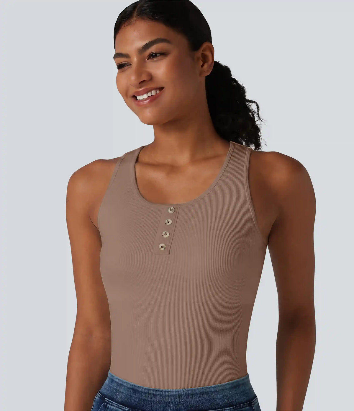 Ribbed Knit Round Neck Built-in Bra Casual Tank Top