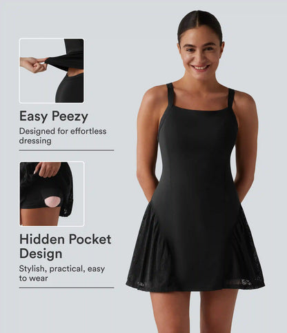SoftlyZero™ Airy Crisscross Back Contrast Lace Built-in Bra InstantCool Tennis Active Dress with Pockets-Easy Peezy