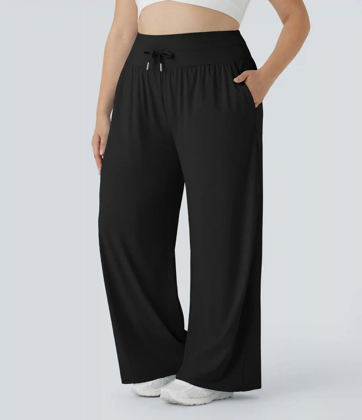 High Waisted Drawstring Pocket Wide Leg InstantCool Casual Plus Size Pants-UPF50+