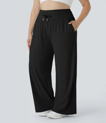 High Waisted Drawstring Pocket Wide Leg InstantCool Casual Plus Size Pants-UPF50+