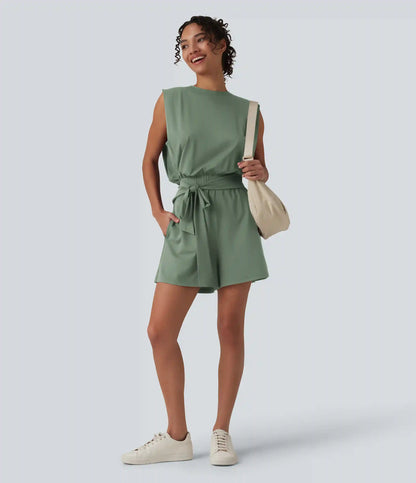 Round Neck Sleeveless Tie-front Cool Touch Casual Romper with Pockets-Easy Peezy-UPF50+