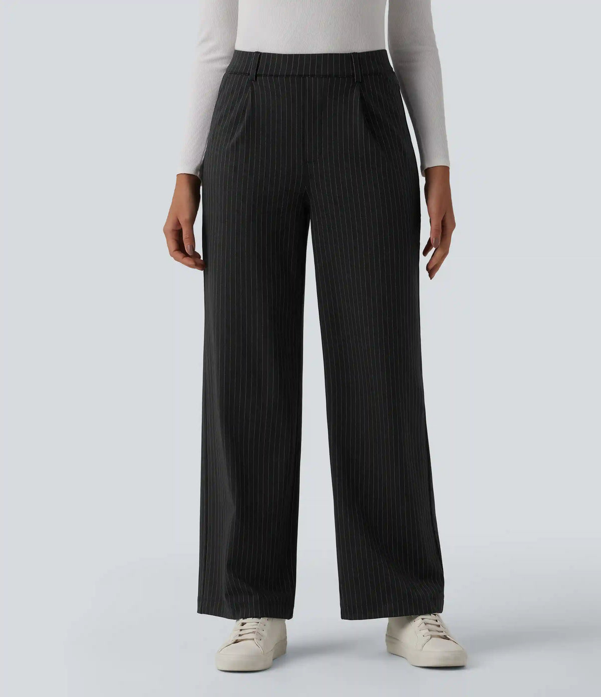 High Waisted Straight Leg Stripe Work Pants with Pockets