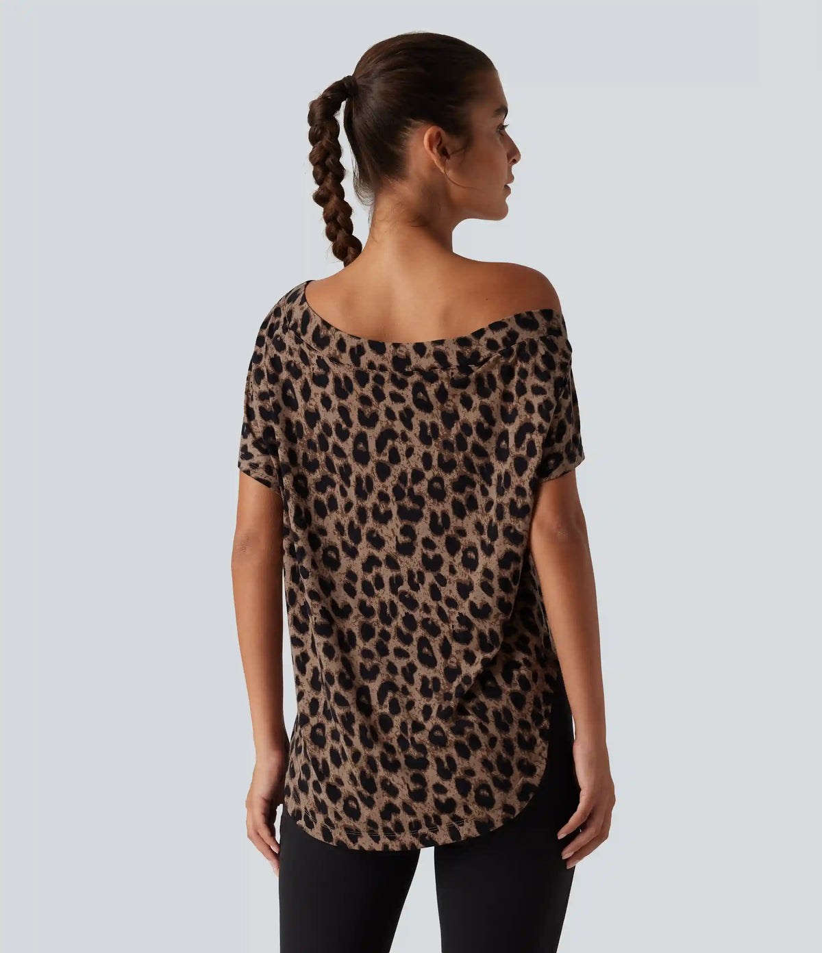 One Shoulder Short Sleeve Leopard Print Built-in Bra Curved Hem High Low Yoga Sports Top