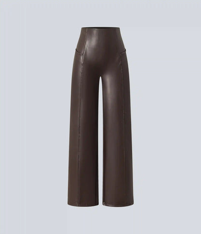 High Waisted Tummy Control Stretchy PU Fleece Casual Flare Pants with Pockets