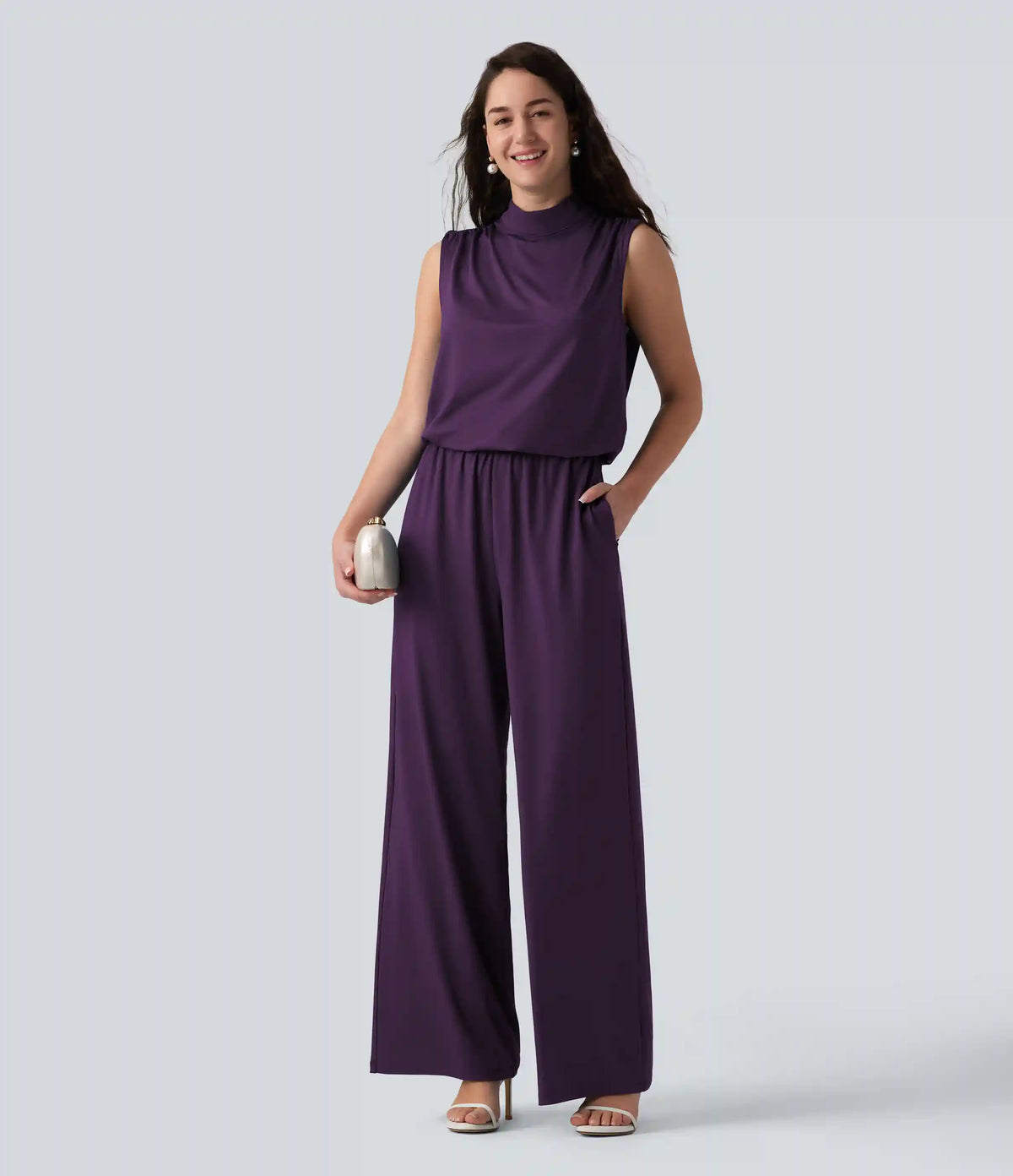 Stand Collar Sleeveless Straight Leg Bridesmaid And Wedding Guest Jumpsuit with Pockets-Easy Peezy