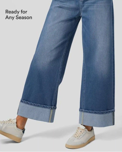Halara Flex™ High Waisted Pockets Rolled Hem Wide Leg Washed Casual Jeans