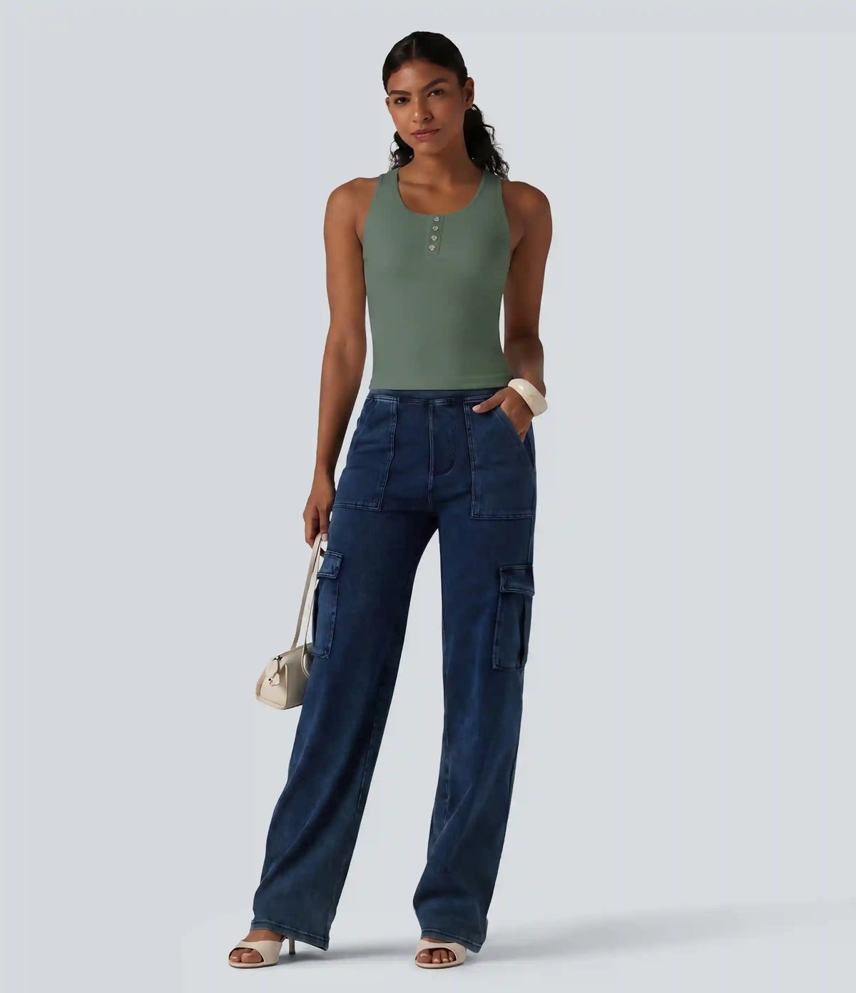 Ribbed Knit Round Neck Built-in Bra Casual Tank Top