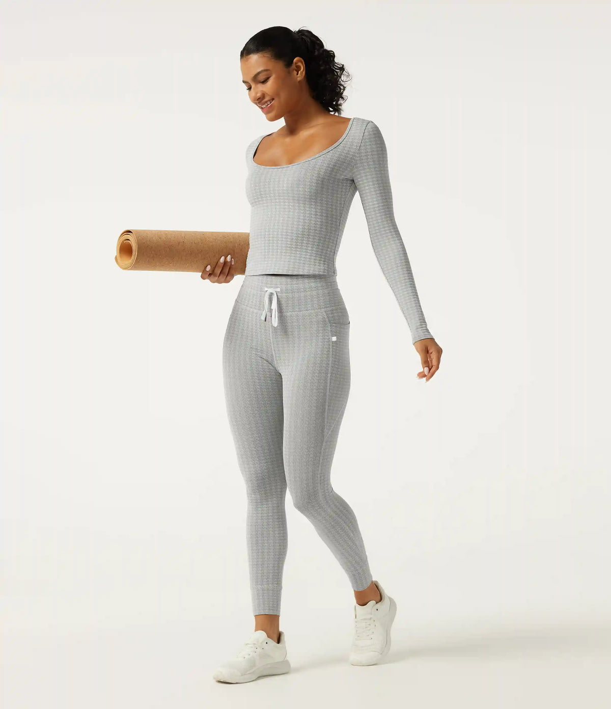 High Waisted Houndstooth Drawstring Yoga Legging with Pockets