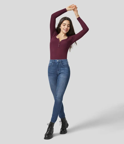 Ribbed Henley Neck Long Sleeve Slim Casual T-Shirt