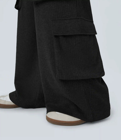 Ribbed Mid Rise Drawstring Pockets Wide Leg Cargo Casual Pants