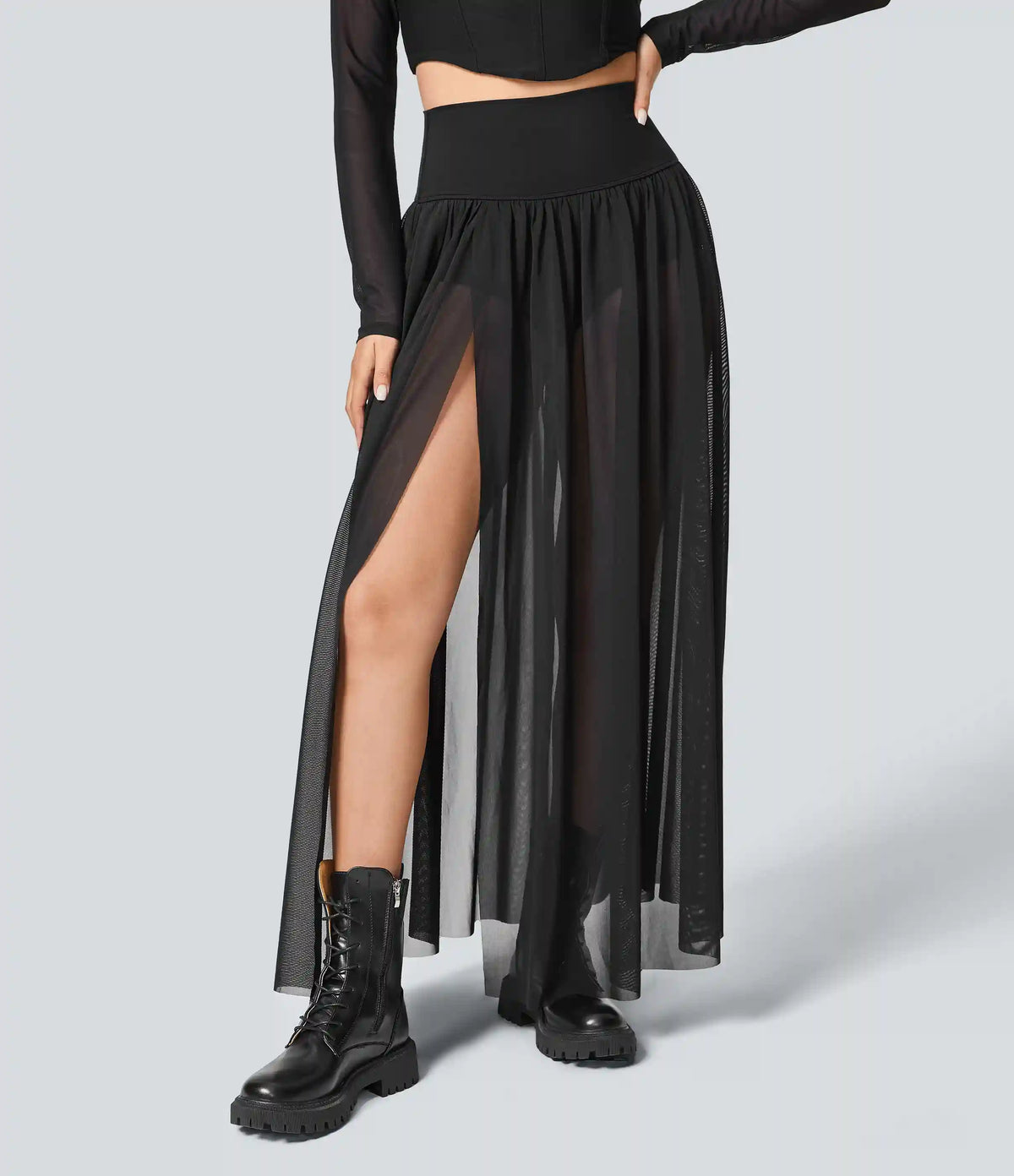 High Waisted 2-in-1 Mesh Flowy Maxi Casual Skirt
