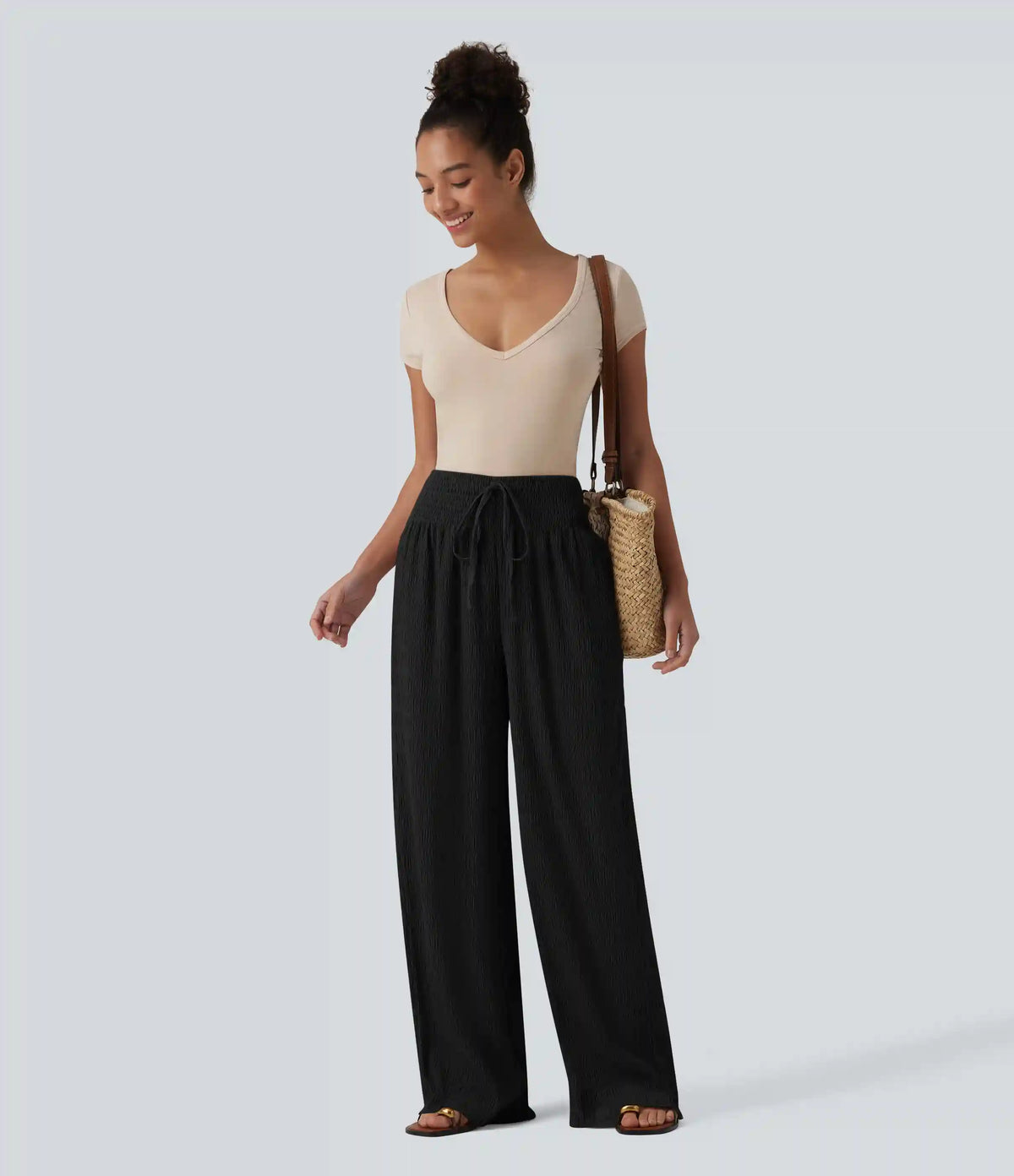 Mid Rise Drawstring Texture Resort Baggy Pants with Pockets
