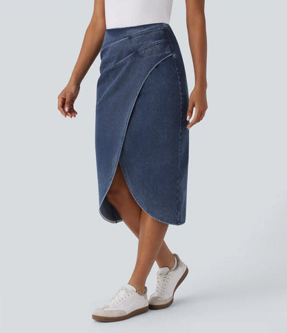 Halara Flex™ High Waisted Back Zipper Ruched Tulip Hem Midi Washed Denim Casual Skirt