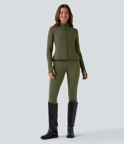 DayStretch Stand Collar Zipper Thumb Hole Ruffle Hem Slim Jacket with Pockets
