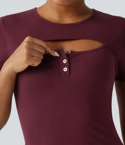 Ribbed Knit Round Neck Cut Out Short Sleeve Built-in Bra Casual T-Shirt