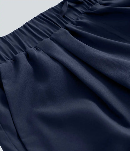 High Waisted Elastic Waistband Drawstring Pleated Yoga Shorts 3" with Pockets