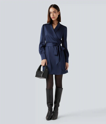V Neck Long Sleeve Belted Mini Work Dress