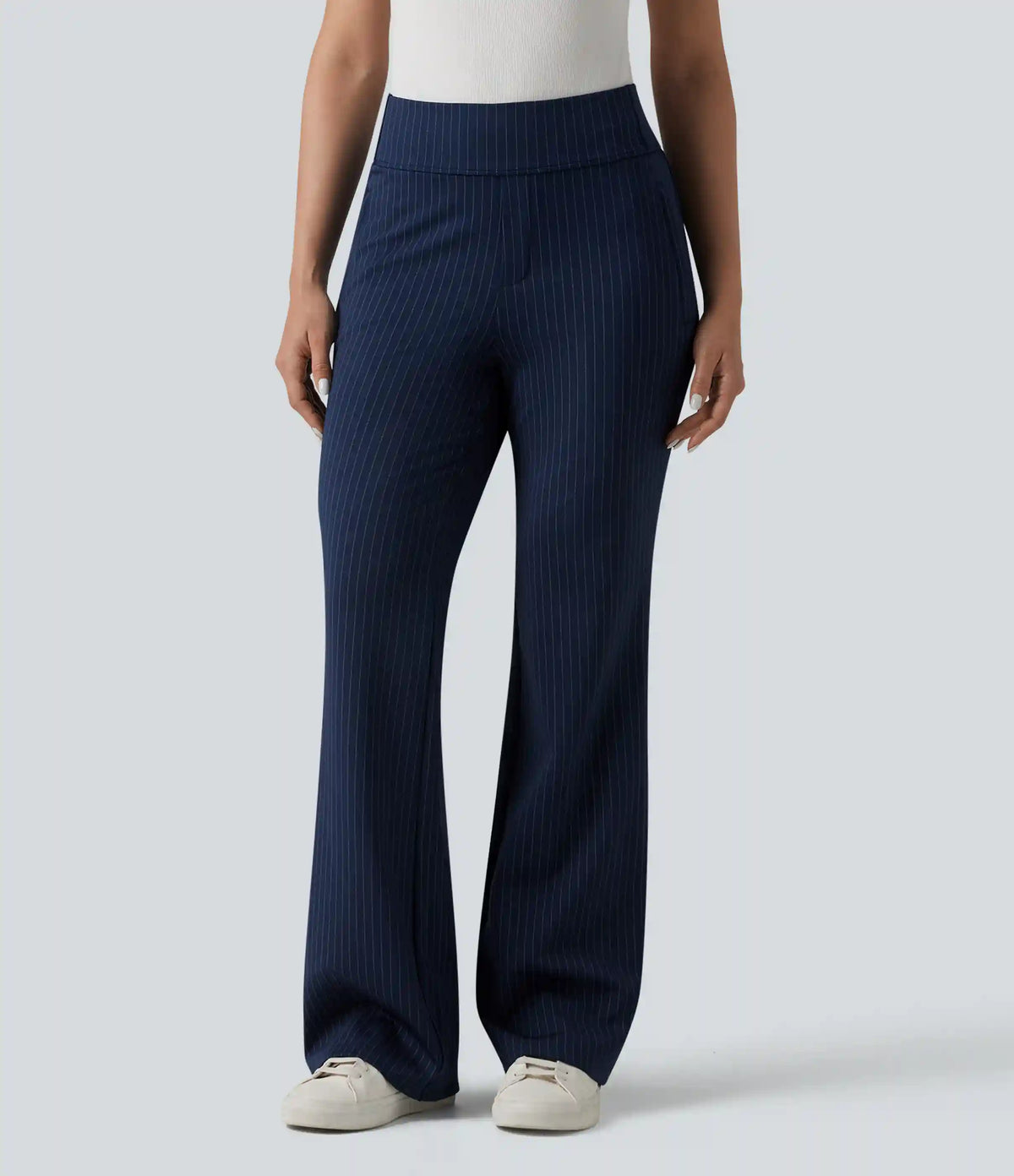 Mid Rise Stripe Work Flare Pants with Pockets